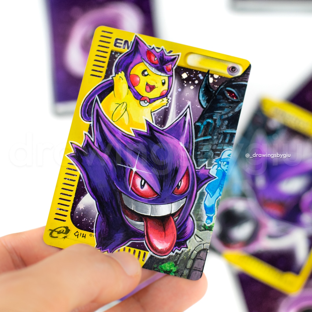 Hand-painted Tower of Terror (left side) on Pokémon card by Giu Magnani.